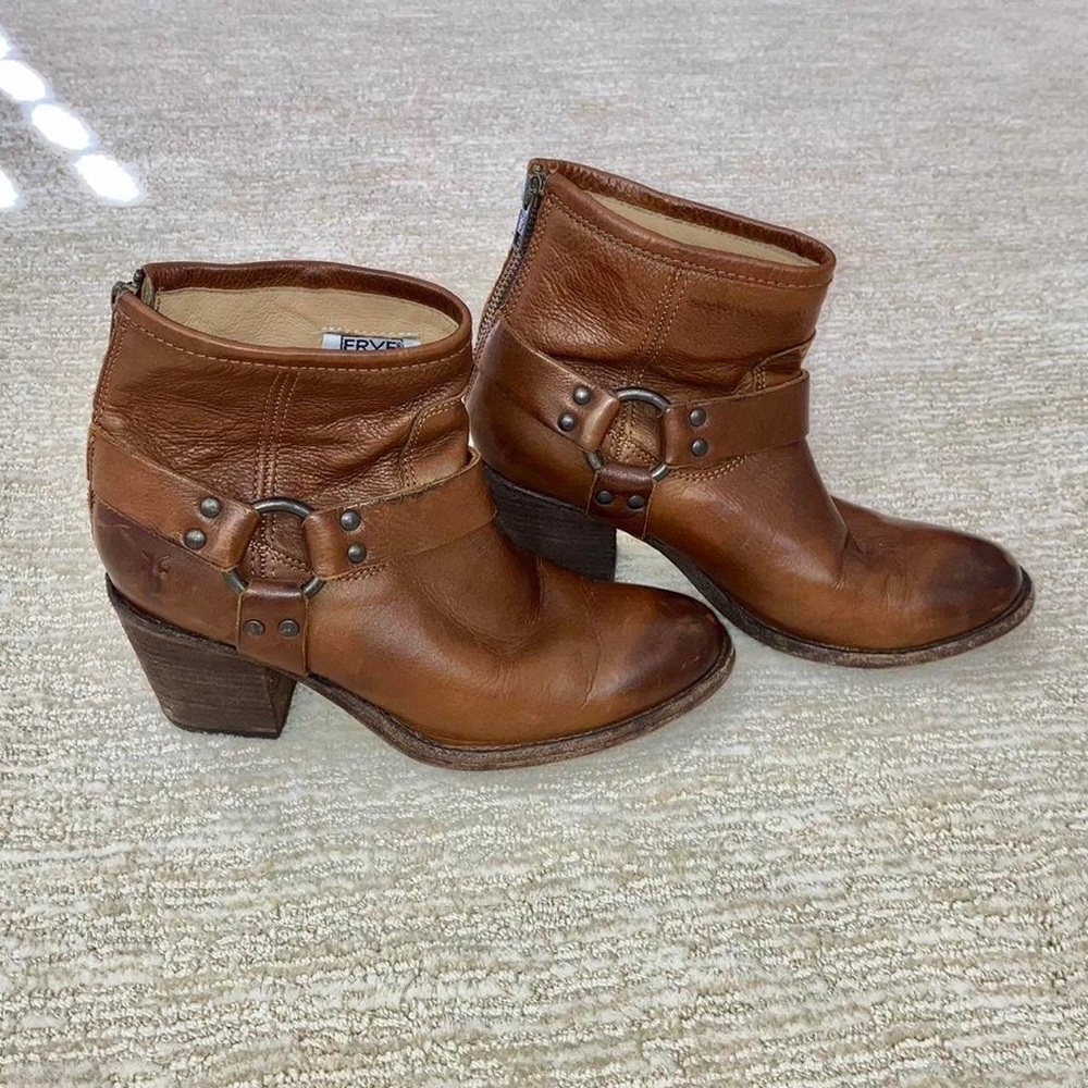 FRYE brown leather harness heeled ankle booties